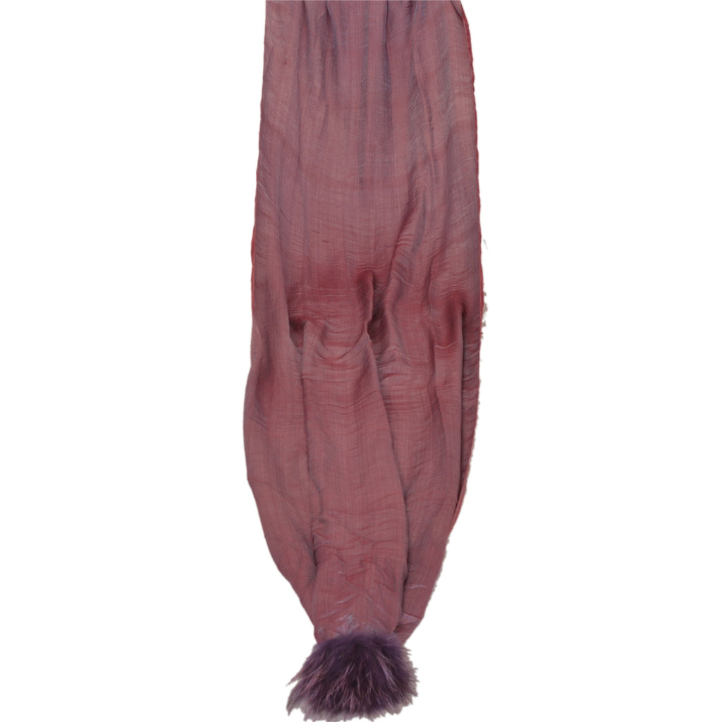Sanskriti Pashmina Silk Wool Shawl Scarf Purple Stole with Fox Fur Pom Pom