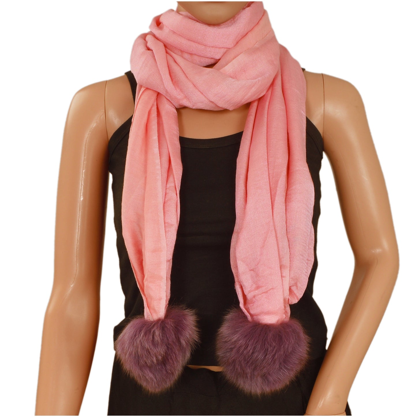 Sanskriti Pashmina New Silk Wool Shawl Scarf Pink Stole Fox Fur Pom Poms