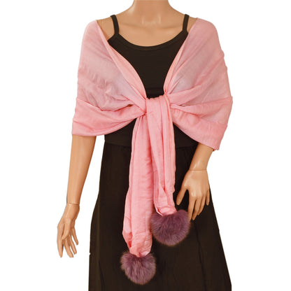 Sanskriti Pashmina New Silk Wool Shawl Scarf Pink Stole Fox Fur Pom Poms