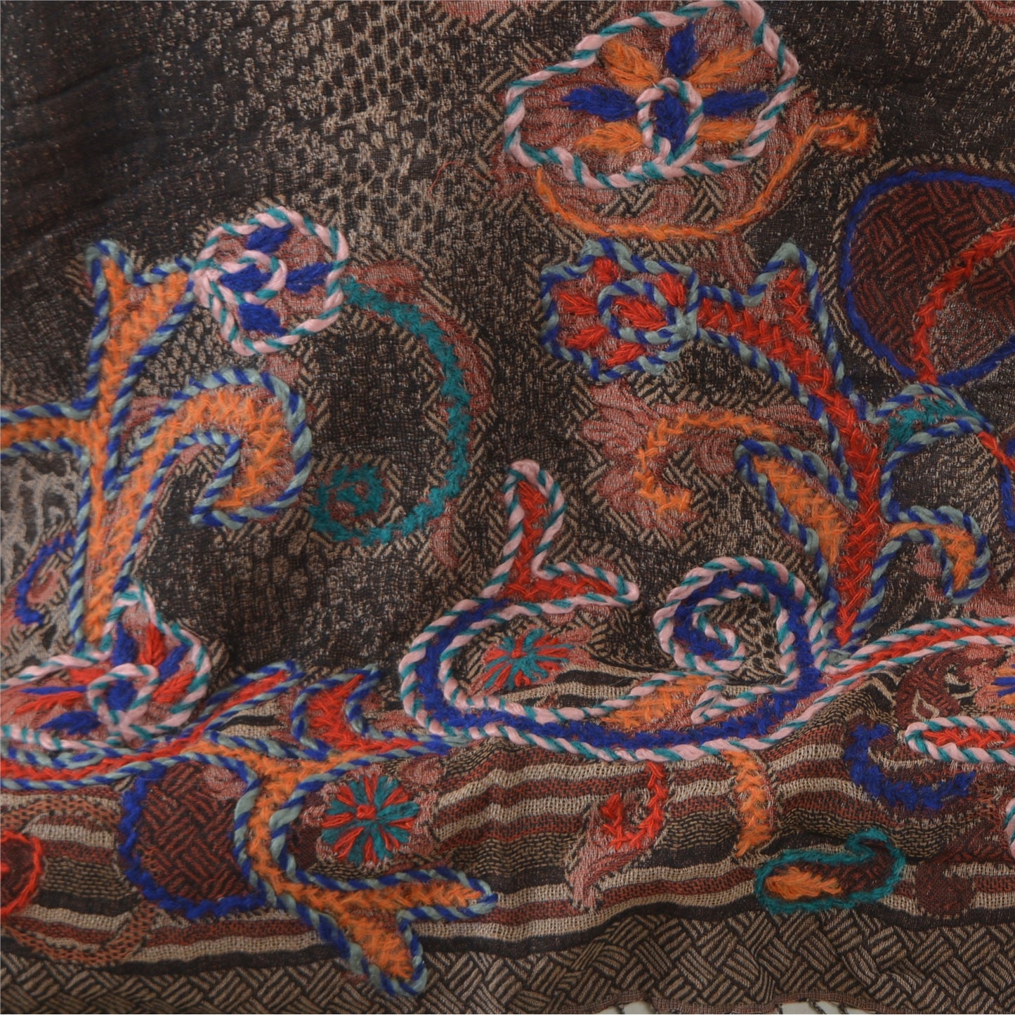 Sanskriti Long ShawlHand Embroidered Pure Boil Wool Scarf Brown Wrap Soft Stole