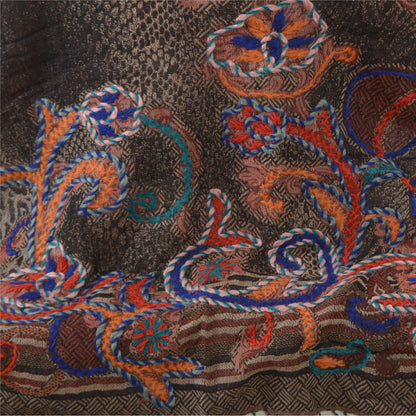 Sanskriti Long ShawlHand Embroidered Pure Boil Wool Scarf Brown Wrap Soft Stole