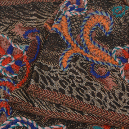Sanskriti Long ShawlHand Embroidered Pure Boil Wool Scarf Brown Wrap Soft Stole