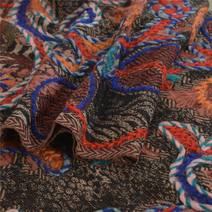 Sanskriti Long ShawlHand Embroidered Pure Boil Wool Scarf Brown Wrap Soft Stole