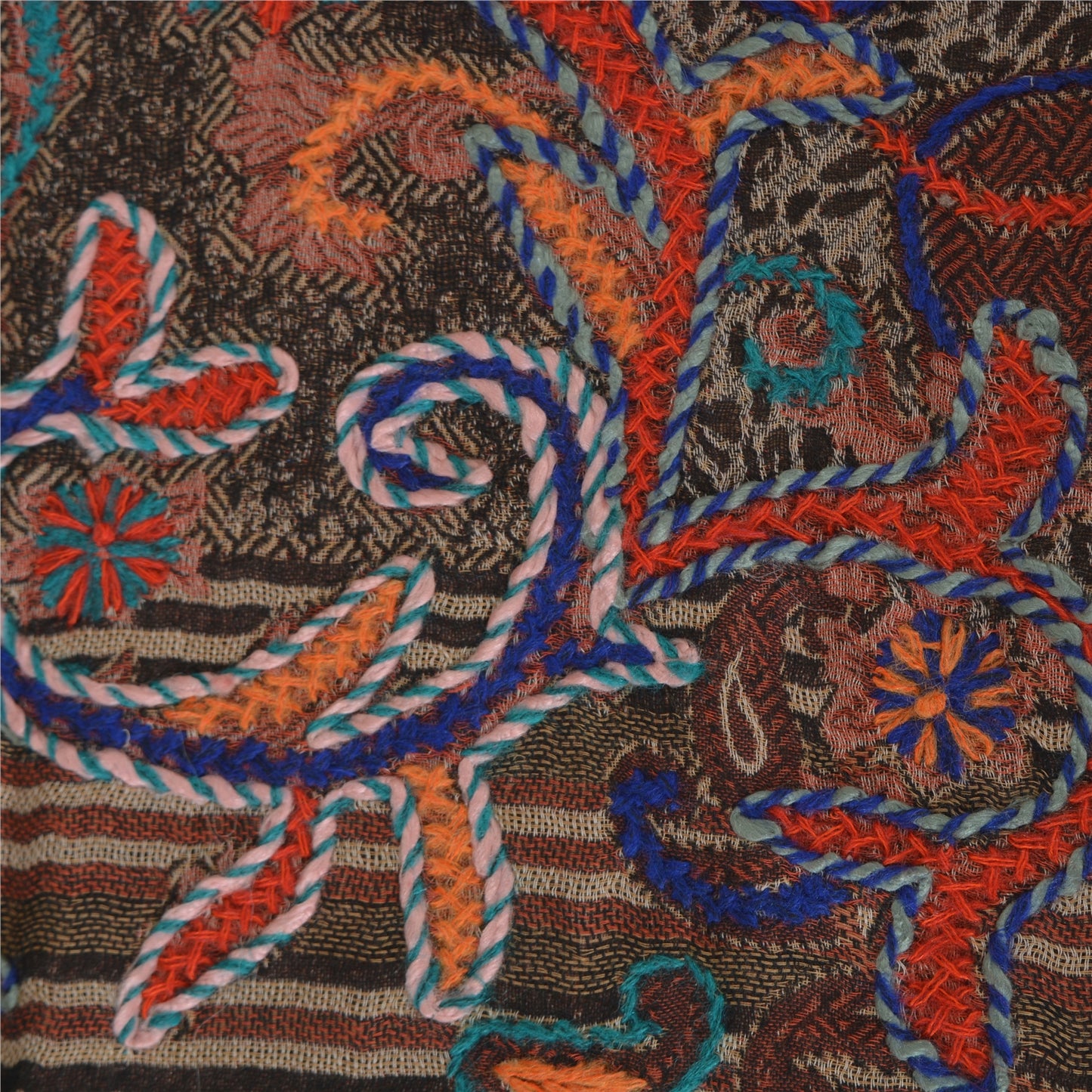 Sanskriti Long ShawlHand Embroidered Pure Boil Wool Scarf Brown Wrap Soft Stole