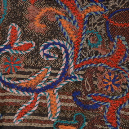 Sanskriti Long ShawlHand Embroidered Pure Boil Wool Scarf Brown Wrap Soft Stole