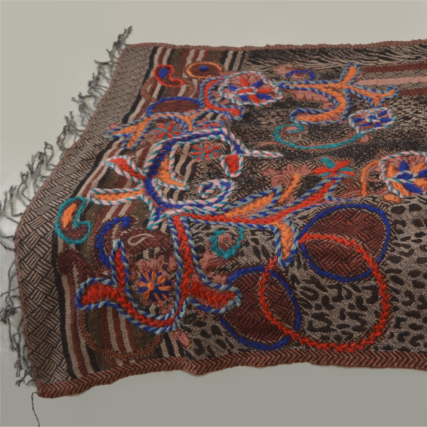 Sanskriti Long ShawlHand Embroidered Pure Boil Wool Scarf Brown Wrap Soft Stole