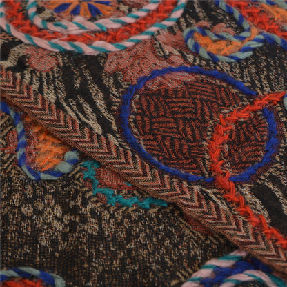 Sanskriti Long ShawlHand Embroidered Pure Boil Wool Scarf Brown Wrap Soft Stole