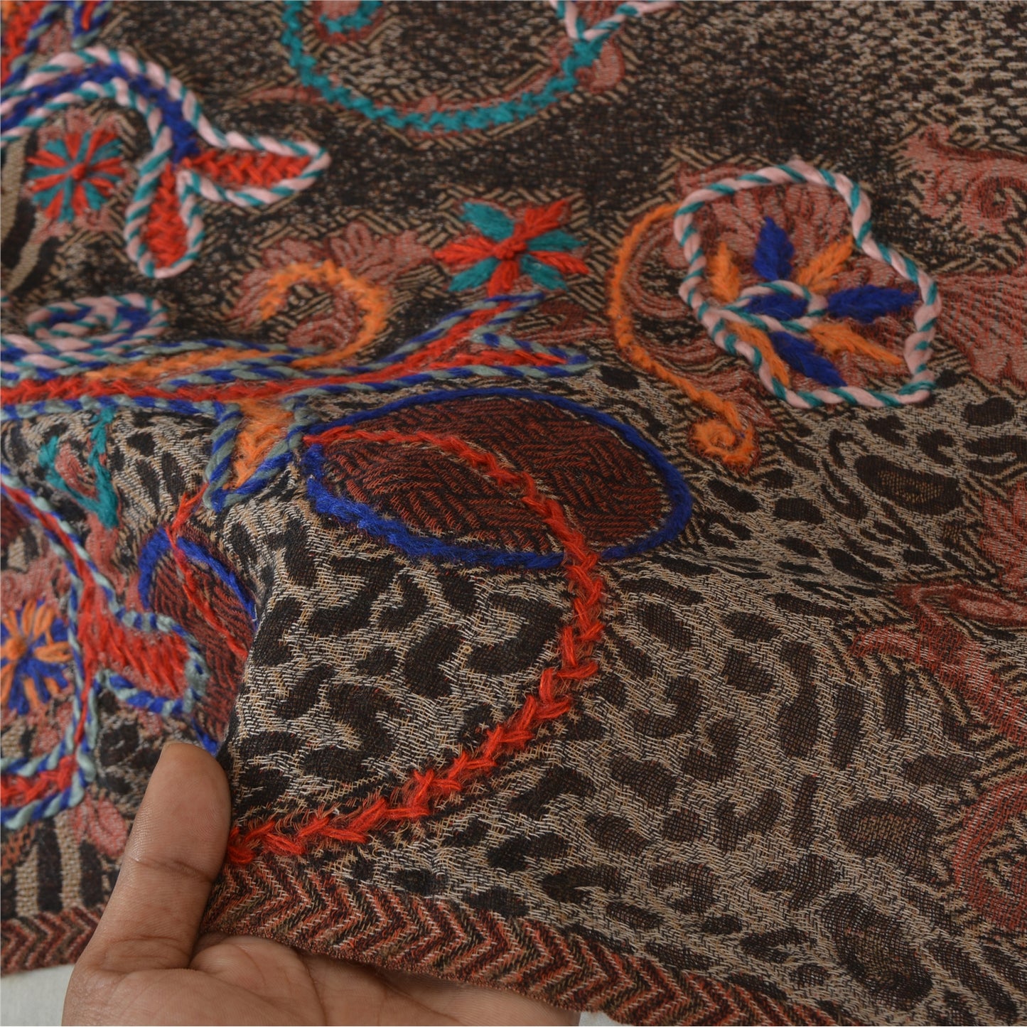 Sanskriti Long ShawlHand Embroidered Pure Boil Wool Scarf Brown Wrap Soft Stole