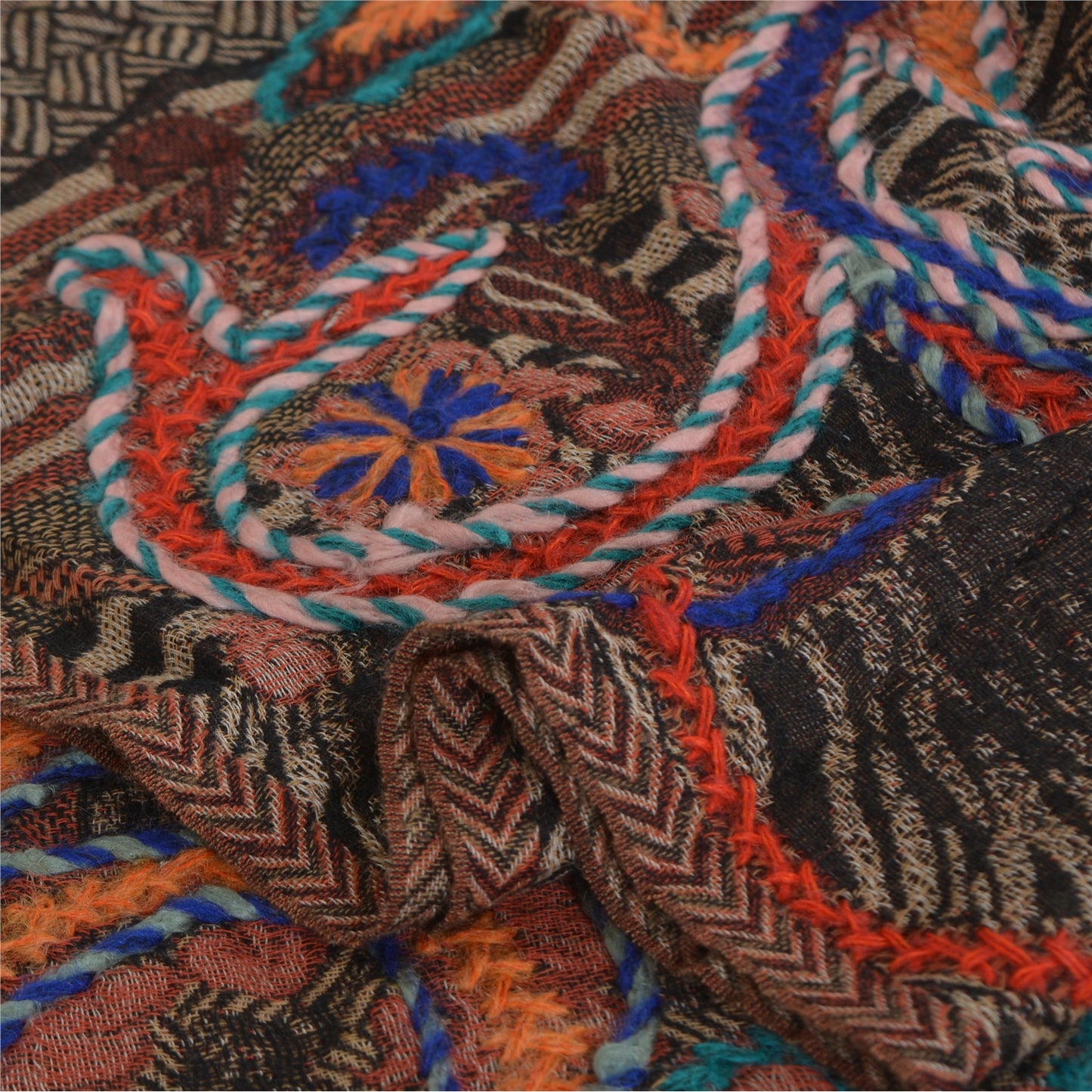 Sanskriti Long ShawlHand Embroidered Pure Boil Wool Scarf Brown Wrap Soft Stole