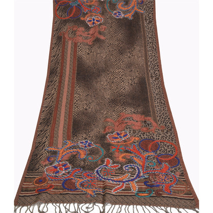 Sanskriti Long ShawlHand Embroidered Pure Boil Wool Scarf Brown Wrap Soft Stole