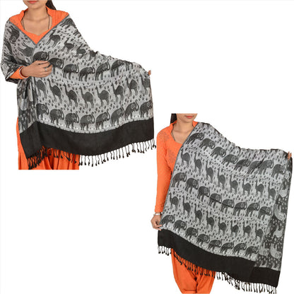 Sanskriti Long Stole Woven 100% Silk Modal Shawl Black Animal Wrap Scarf