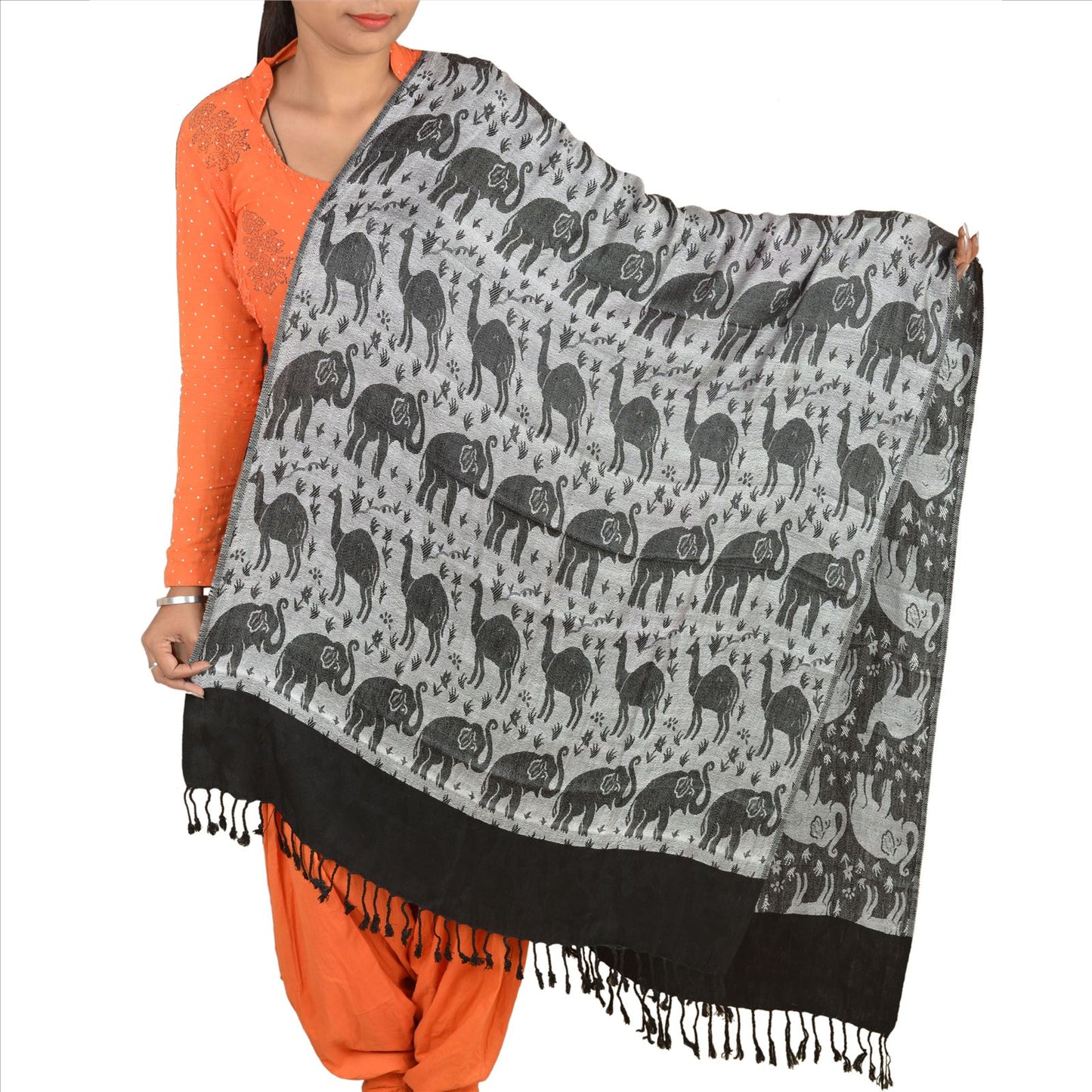 Sanskriti Long Stole Woven 100% Silk Modal Shawl Black Animal Wrap Scarf