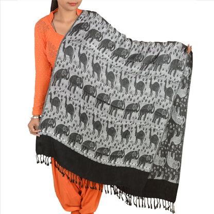Sanskriti Long Stole Woven 100% Silk Modal Shawl Black Animal Wrap Scarf