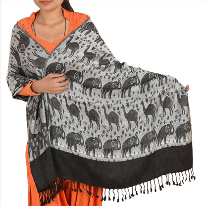 Sanskriti Long Stole Woven 100% Silk Modal Shawl Black Animal Wrap Scarf