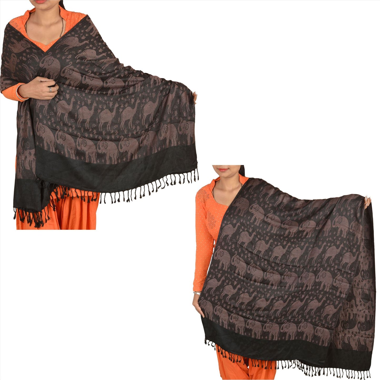 Sanskriti Long Stole Woven 100% Silk Modal Shawl Black Animal Scarves Throw