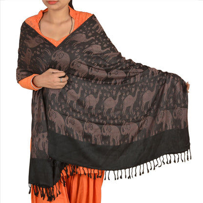 Sanskriti Long Stole Woven 100% Silk Modal Shawl Black Animal Scarves Throw