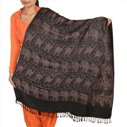 Sanskriti Long Stole Woven 100% Silk Modal Shawl Black Animal Scarves Throw