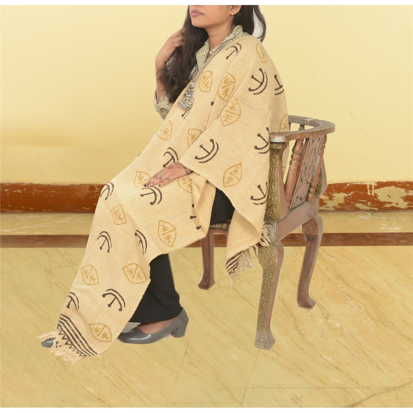 Sanskriti Vintage Ivory Long Shawl/Stole 100% Pure Handloom Cotton Hand Printed