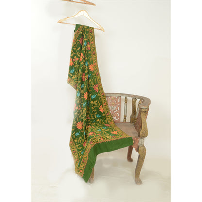 Sanskriti Vintage Green Woollen Long Stole/Shawl Hand Embroidered Ari Scarf