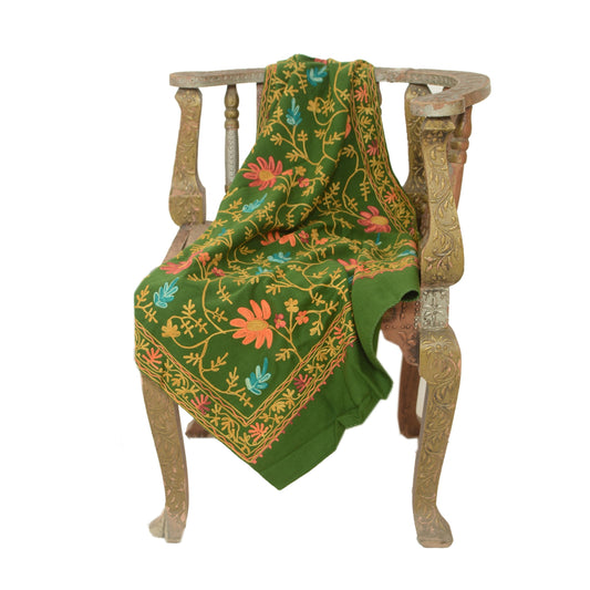 Sanskriti Vintage Green Woollen Long Stole/Shawl Hand Embroidered Ari Scarf