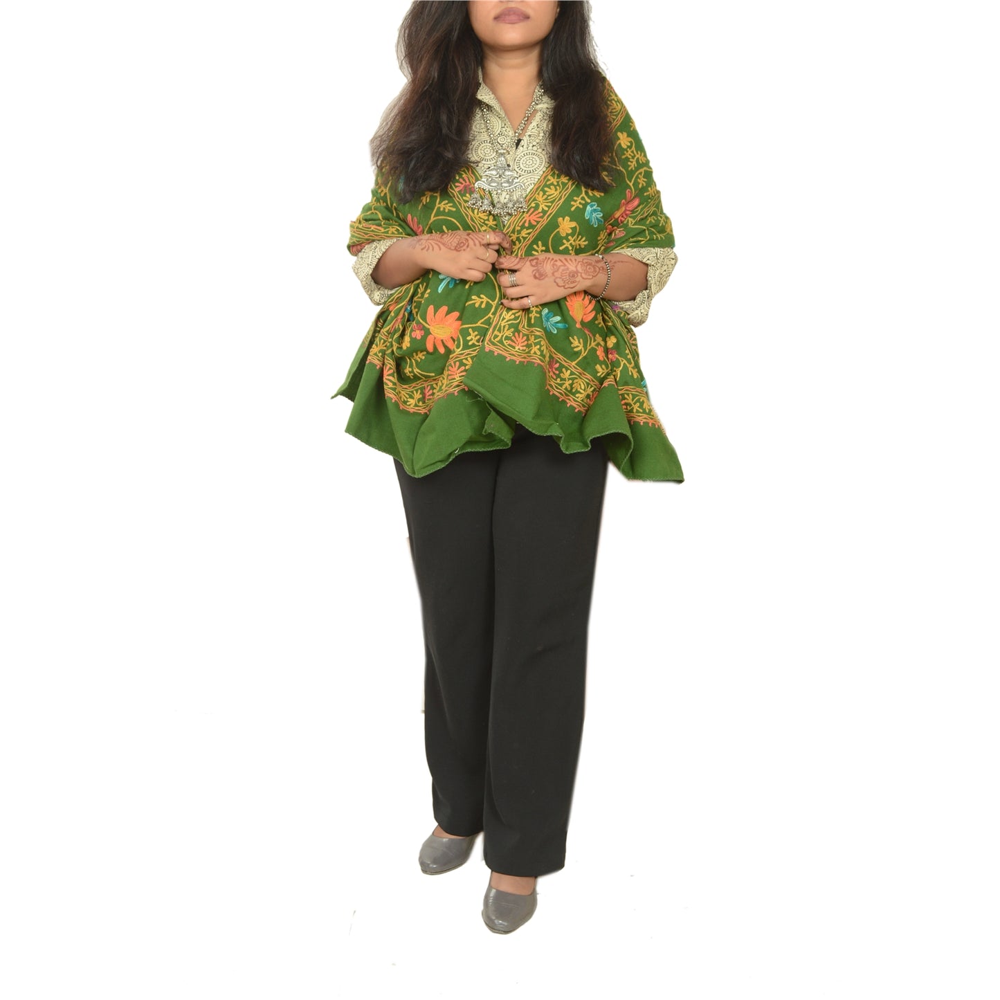 Sanskriti Vintage Green Woollen Long Stole/Shawl Hand Embroidered Ari Scarf