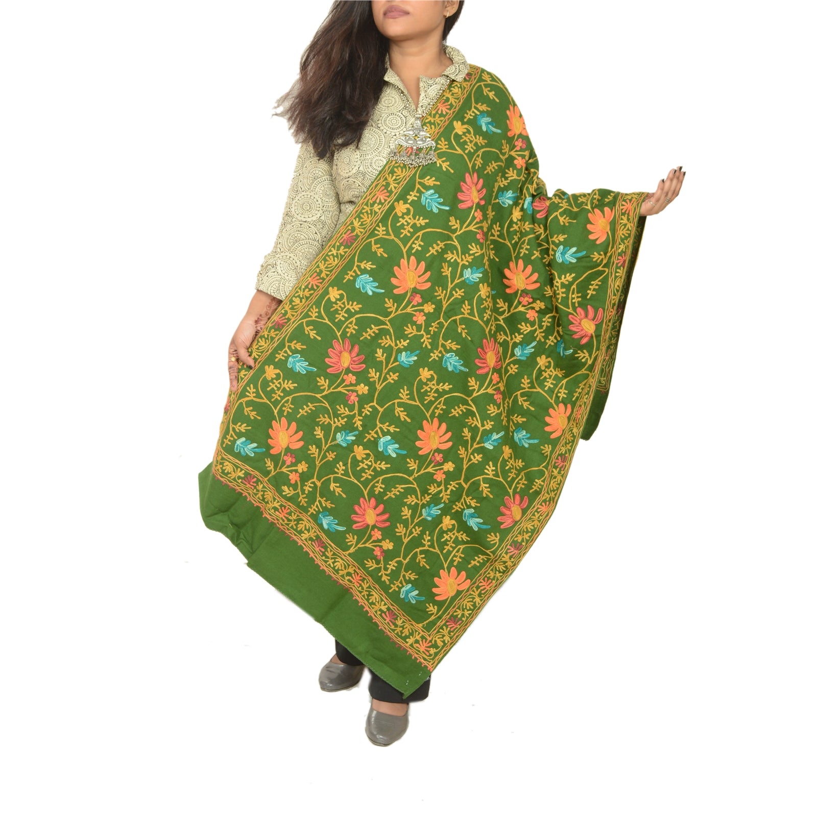 Sanskriti Vintage Green Woollen Long Stole/Shawl Hand Embroidered Ari Scarf