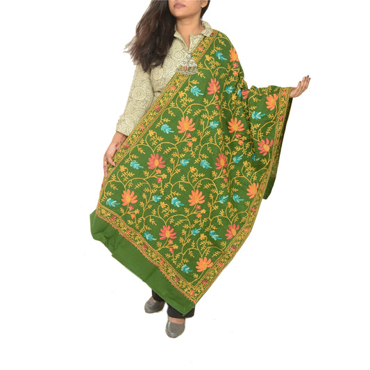 Sanskriti Vintage Green Woollen Long Stole/Shawl Hand Embroidered Ari Scarf