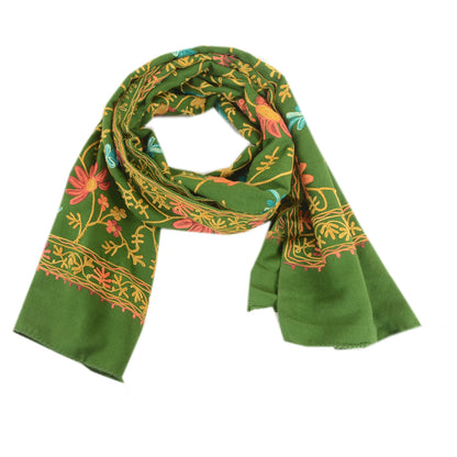 Sanskriti Vintage Green Woollen Long Stole/Shawl Hand Embroidered Ari Scarf