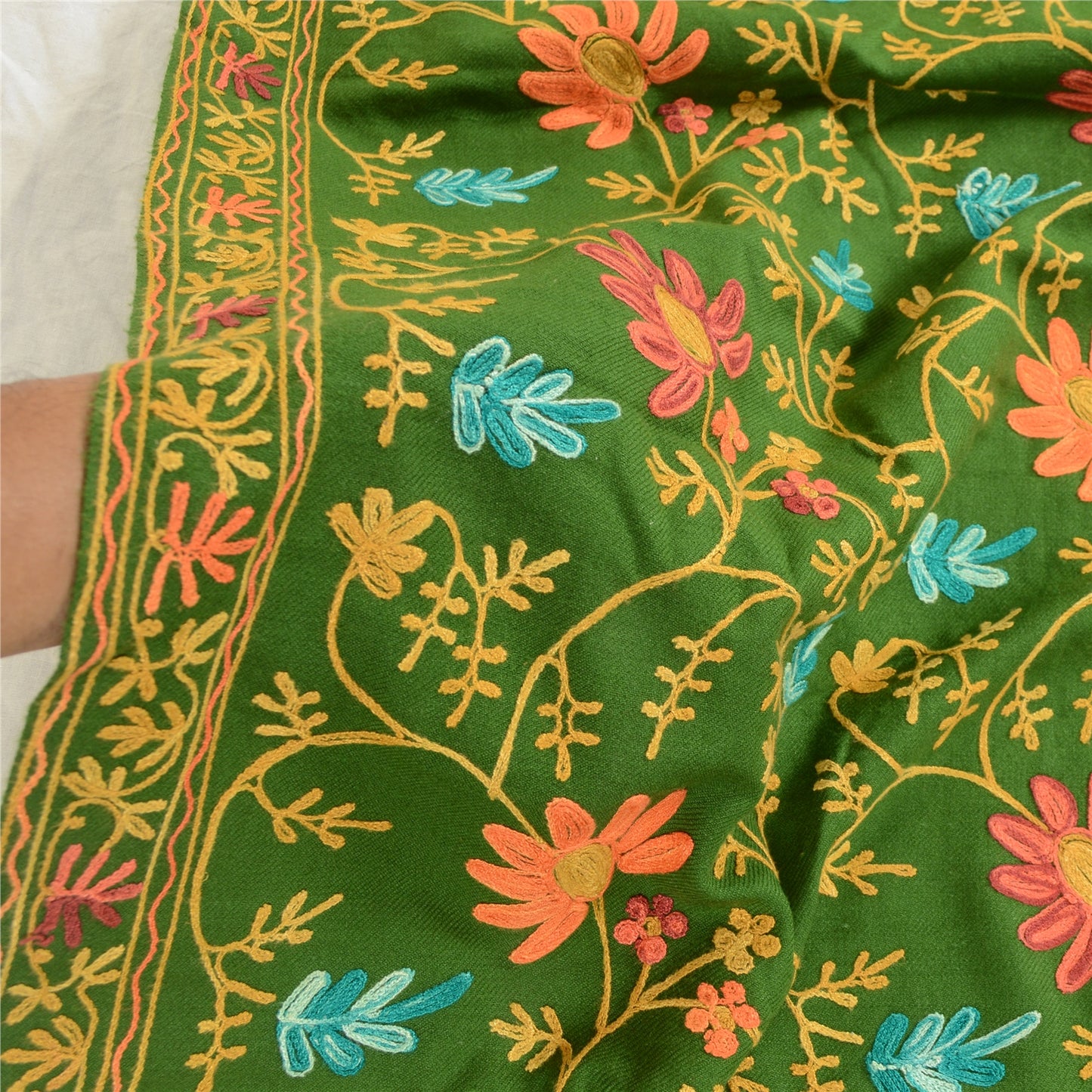 Sanskriti Vintage Green Woollen Long Stole/Shawl Hand Embroidered Ari Scarf