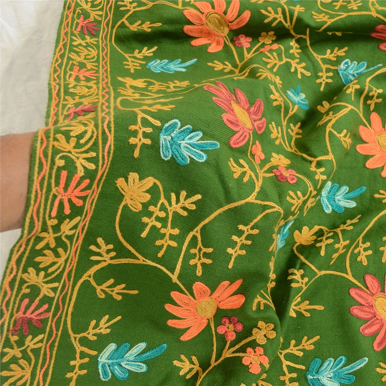 Sanskriti Vintage Green Woollen Long Stole/Shawl Hand Embroidered Ari Scarf