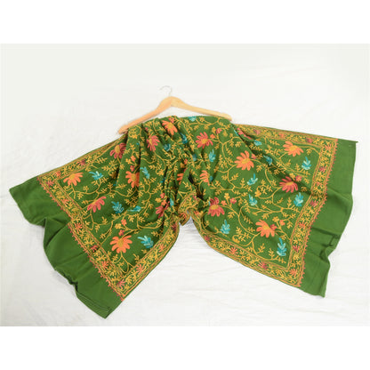 Sanskriti Vintage Green Woollen Long Stole/Shawl Hand Embroidered Ari Scarf