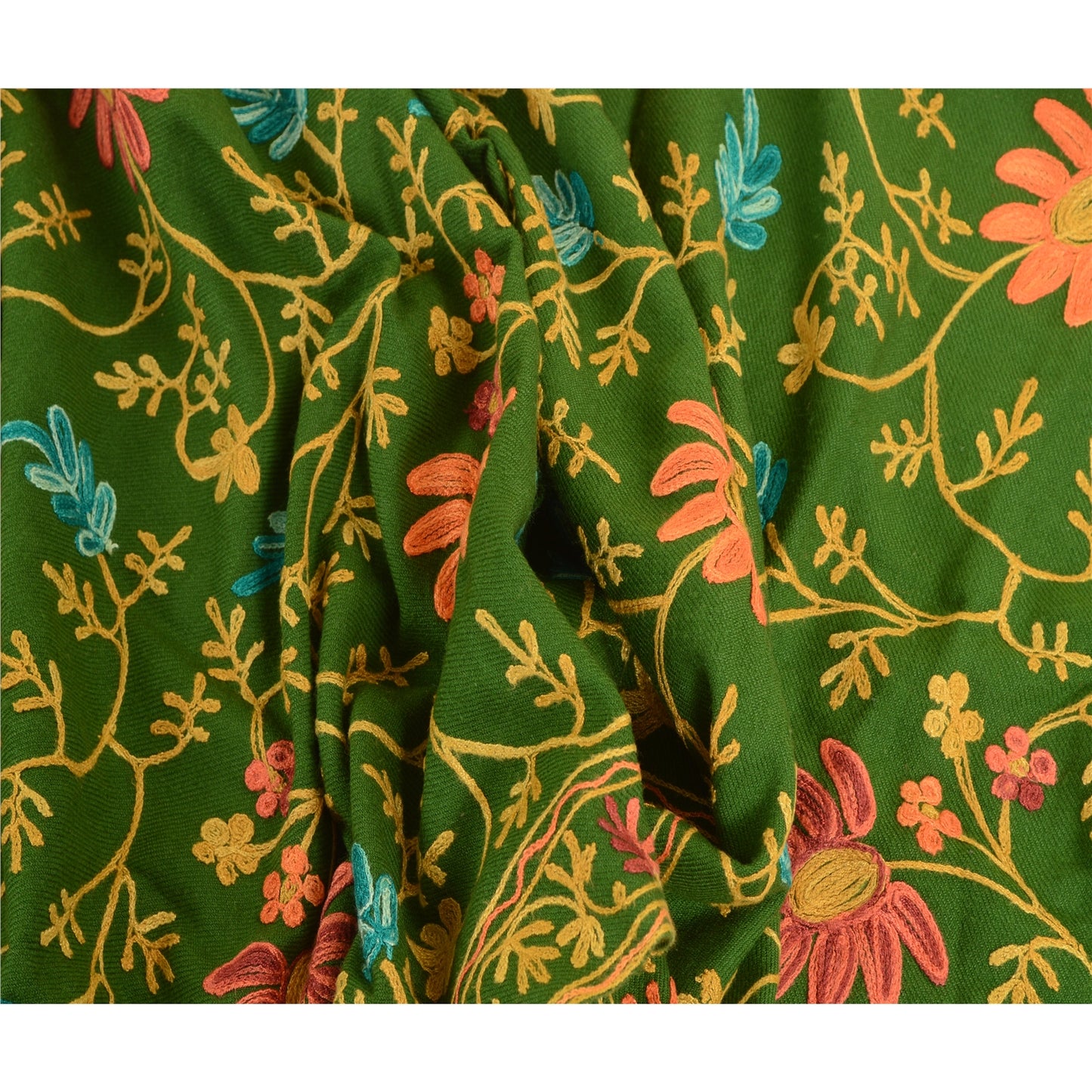 Sanskriti Vintage Green Woollen Long Stole/Shawl Hand Embroidered Ari Scarf