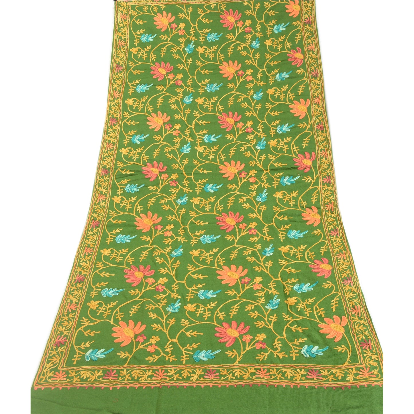 Sanskriti Vintage Green Woollen Long Stole/Shawl Hand Embroidered Ari Scarf