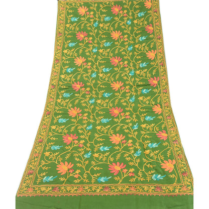 Sanskriti Vintage Green Woollen Long Stole/Shawl Hand Embroidered Ari Scarf