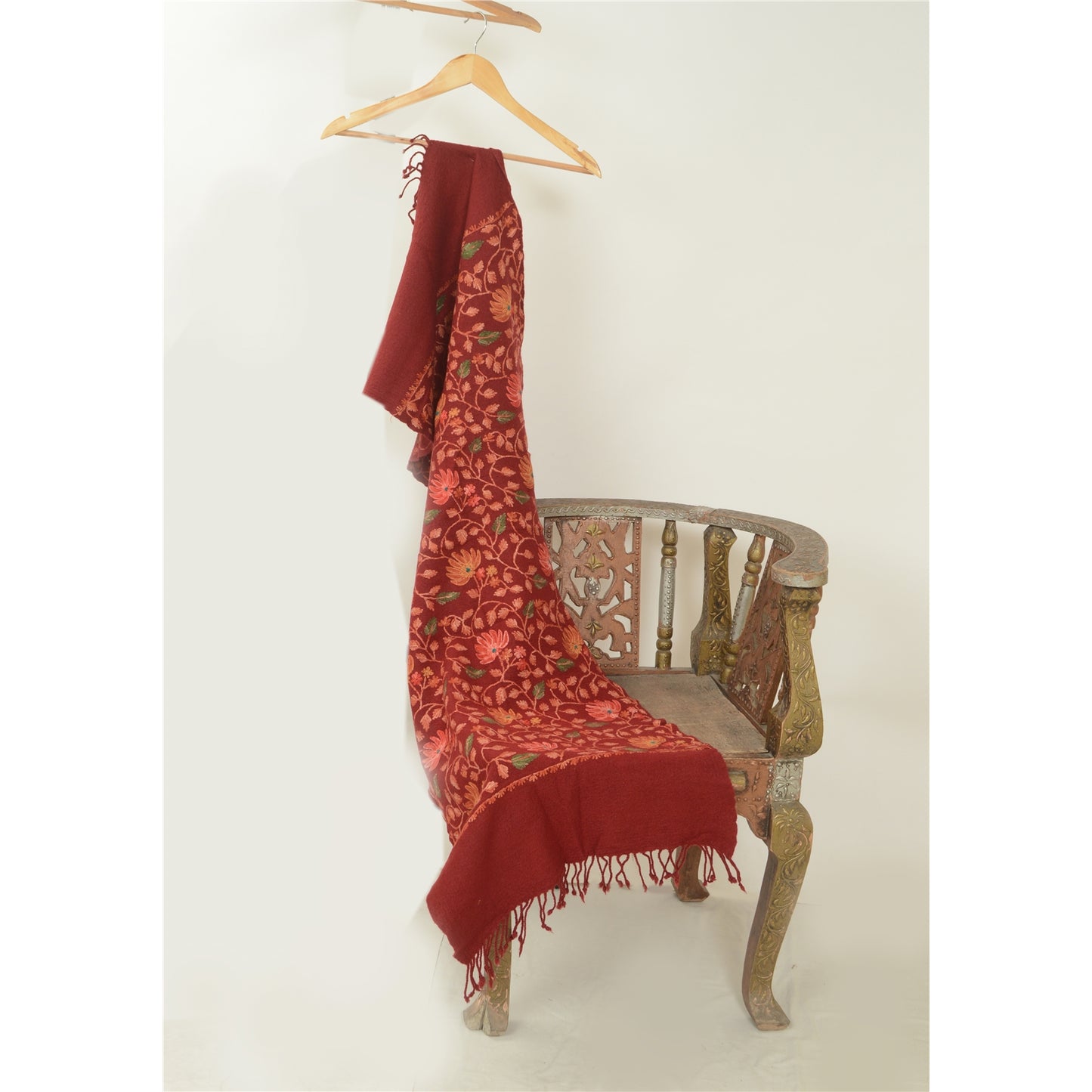 Sanskriti Vintage Dark Red Long Shawl Pure Woollen Handmade Ari Work Scarf Stole