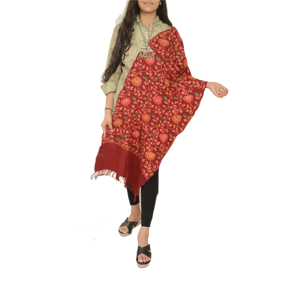 Sanskriti Vintage Dark Red Long Shawl Pure Woollen Handmade Ari Work Scarf Stole