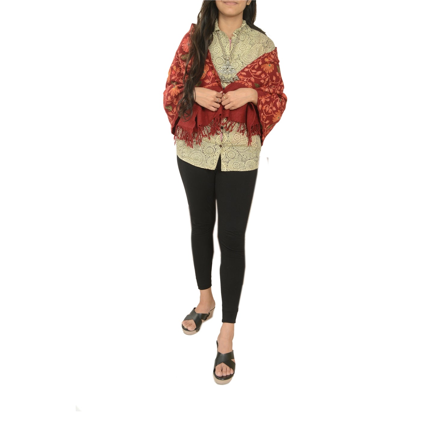 Sanskriti Vintage Dark Red Long Shawl Pure Woollen Handmade Ari Work Scarf Stole