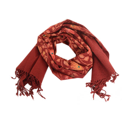 Sanskriti Vintage Dark Red Long Shawl Pure Woollen Handmade Ari Work Scarf Stole