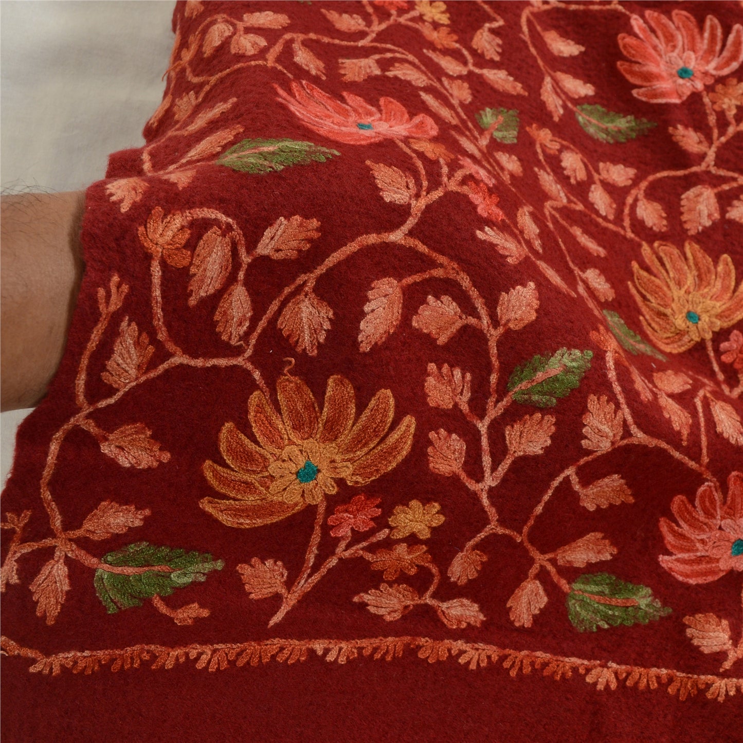 Sanskriti Vintage Dark Red Long Shawl Pure Woollen Handmade Ari Work Scarf Stole