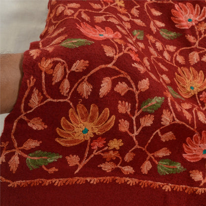 Sanskriti Vintage Dark Red Long Shawl Pure Woollen Handmade Ari Work Scarf Stole