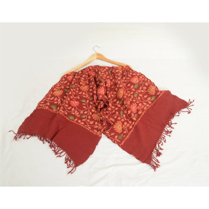 Sanskriti Vintage Dark Red Long Shawl Pure Woollen Handmade Ari Work Scarf Stole