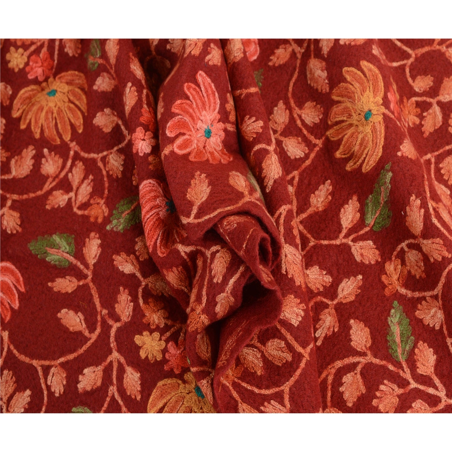 Sanskriti Vintage Dark Red Long Shawl Pure Woollen Handmade Ari Work Scarf Stole