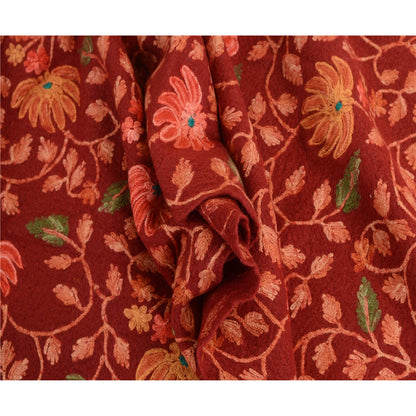 Sanskriti Vintage Dark Red Long Shawl Pure Woollen Handmade Ari Work Scarf Stole