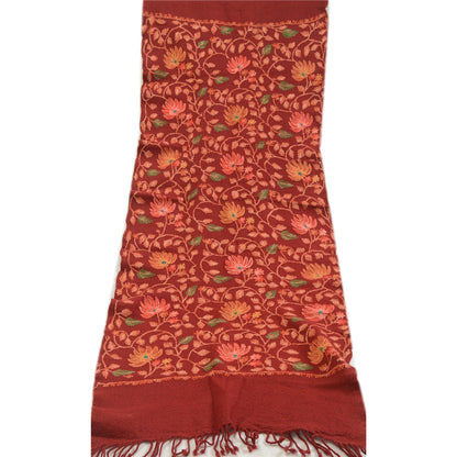 Sanskriti Vintage Dark Red Long Shawl Pure Woollen Handmade Ari Work Scarf Stole