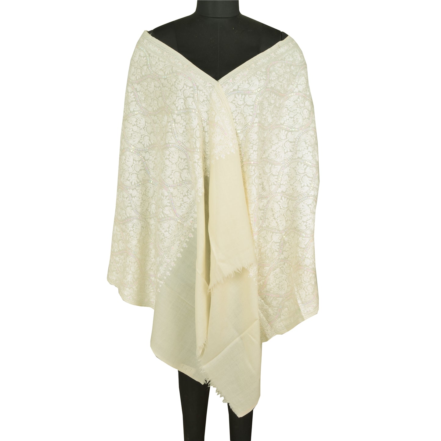 Sanskriti New Arizama Hand Embroidered Pure Woolen Shawl Cream Stole