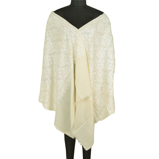 Sanskriti New Arizama Hand Embroidered Pure Woolen Shawl Cream Stole