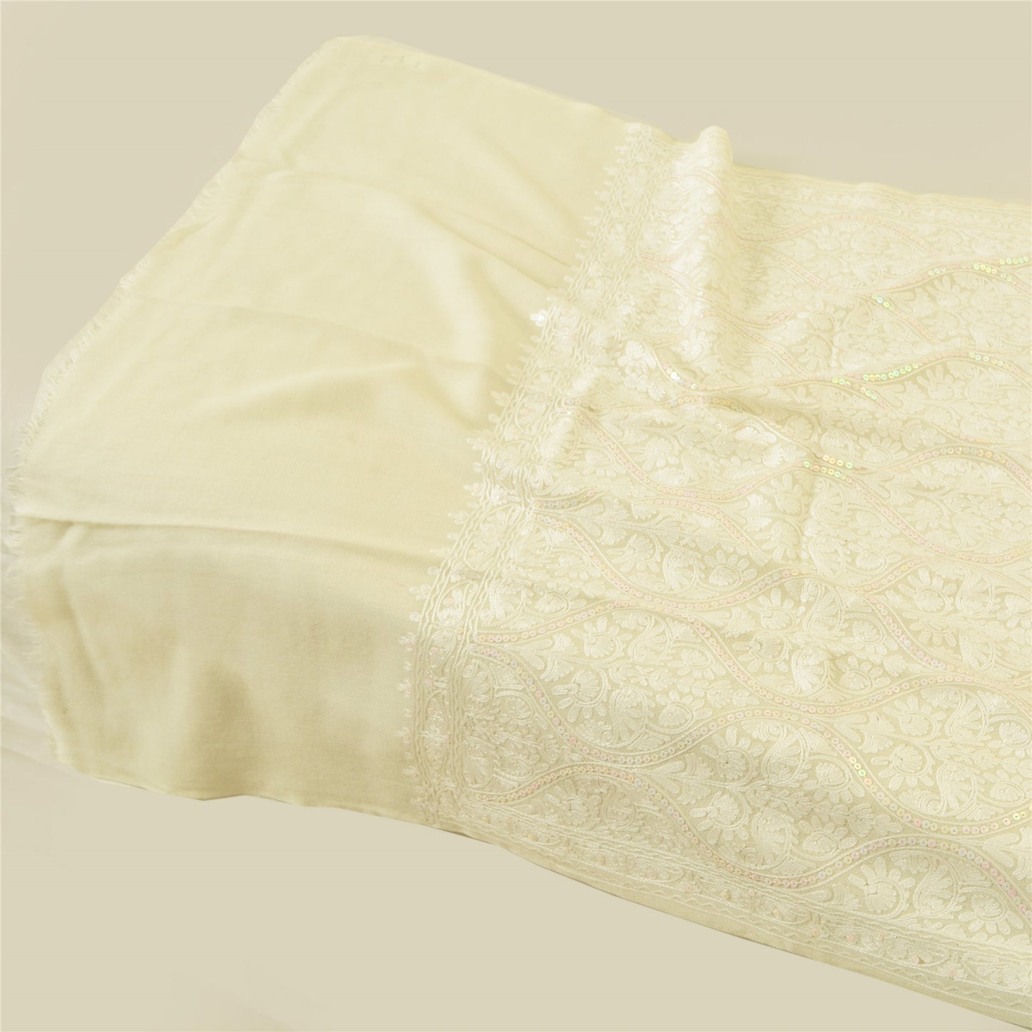 Sanskriti New Arizama Hand Embroidered Pure Woolen Shawl Cream Stole