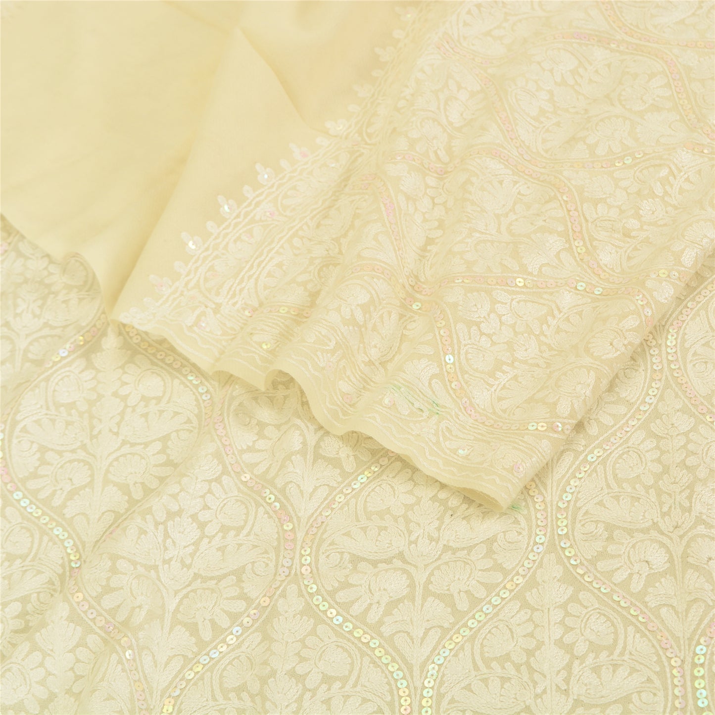 Sanskriti New Arizama Hand Embroidered Pure Woolen Shawl Cream Stole