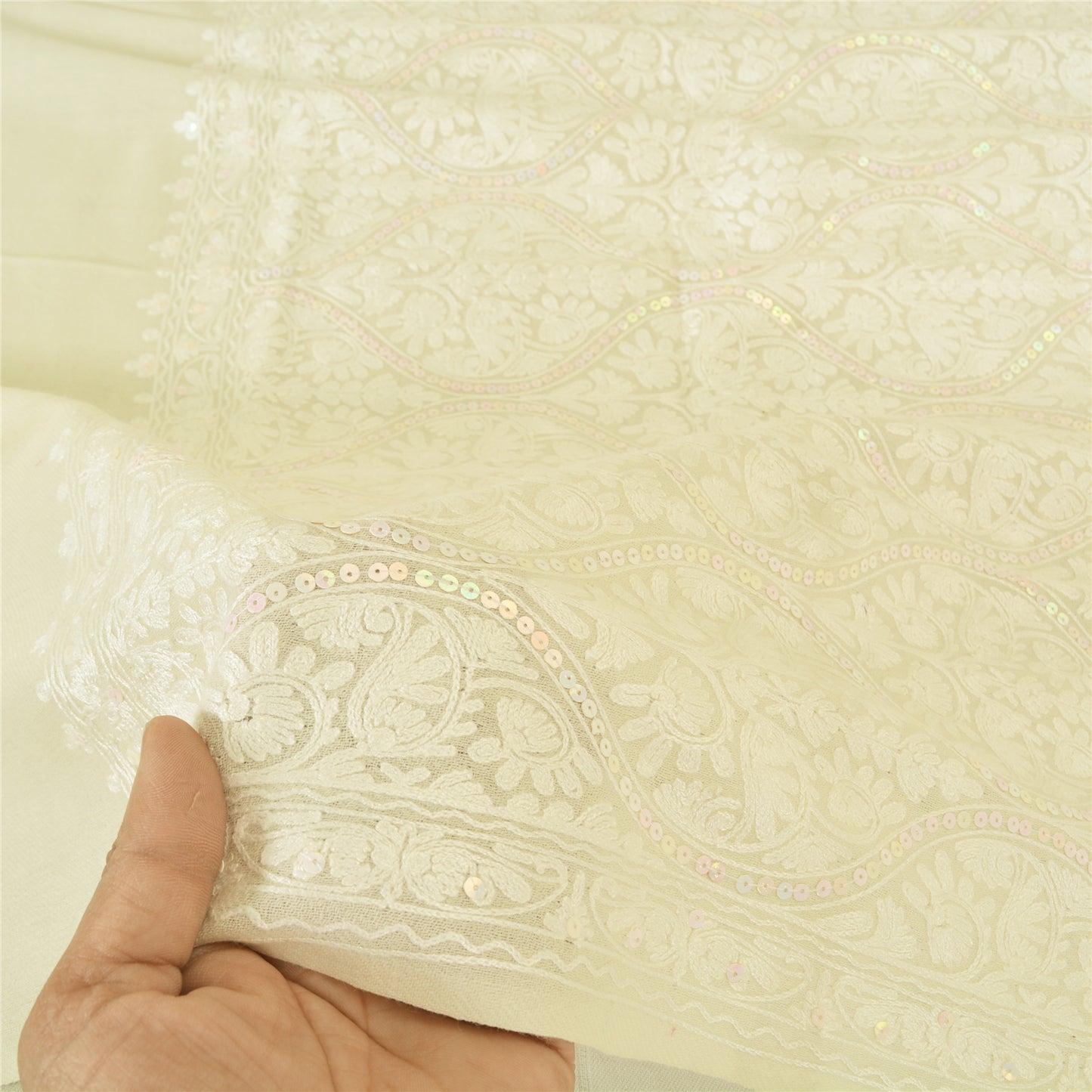 Sanskriti New Arizama Hand Embroidered Pure Woolen Shawl Cream Stole