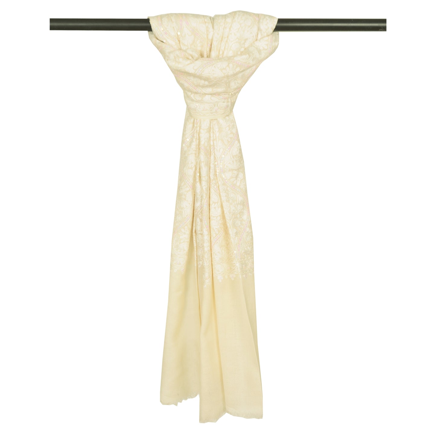 Sanskriti New Arizama Hand Embroidered Pure Woolen Shawl Cream Stole
